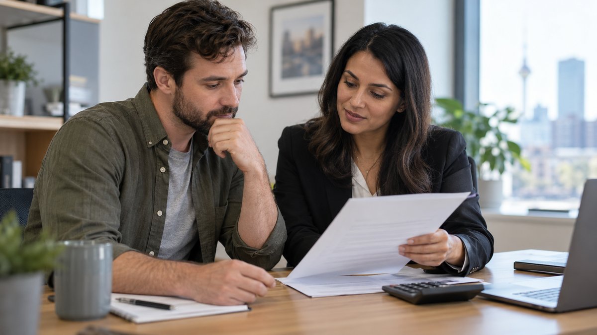 A borrower calmly reviews a credit report with a supportive mortgage adviser at a simple office desk.