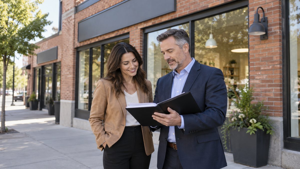 A small commercial property owner stands with an adviser outside a tidy brick retail building with large windows and unbranded empty storefront signs.