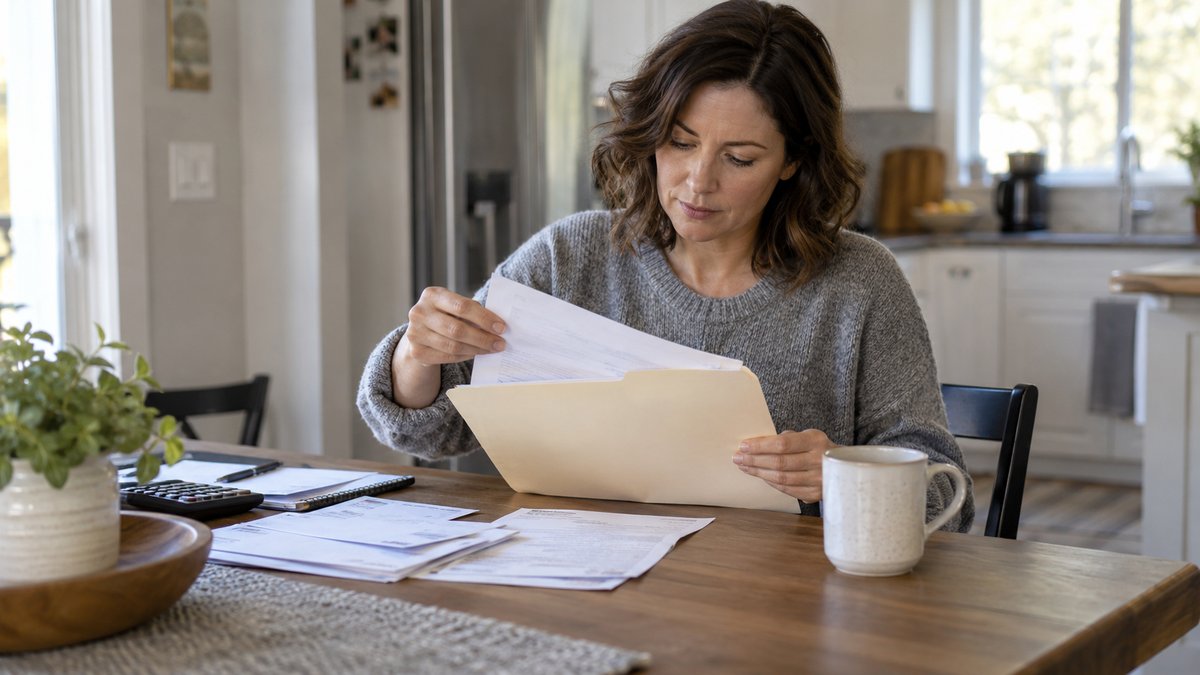 A homeowner organizes several plain household bills into one folder at a kitchen table with a calculator.