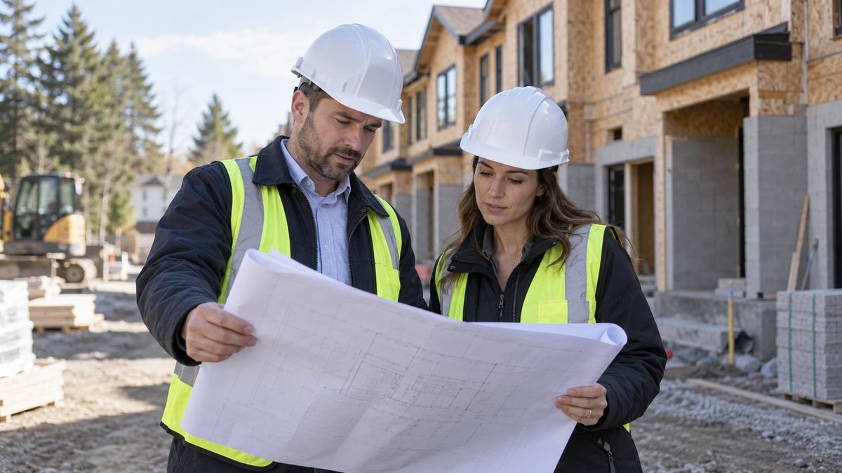 A developer and quantity surveyor in hard hats review unlabelled building plans beside a modest townhouse construction site.