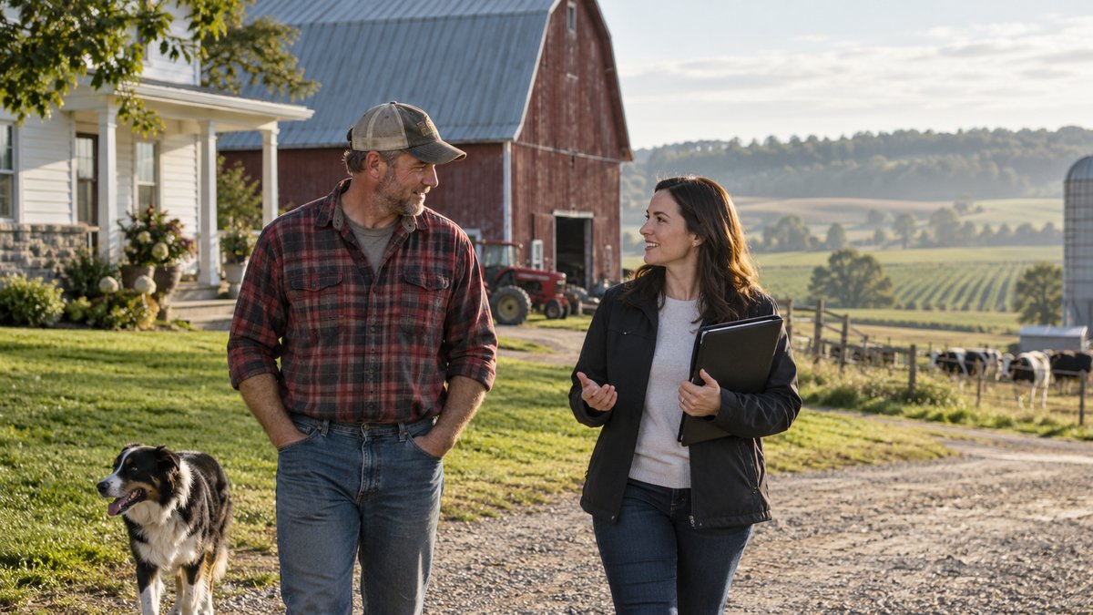 A Canadian farmer and agricultural lending adviser walk beside a farmhouse and barn overlooking cultivated fields.