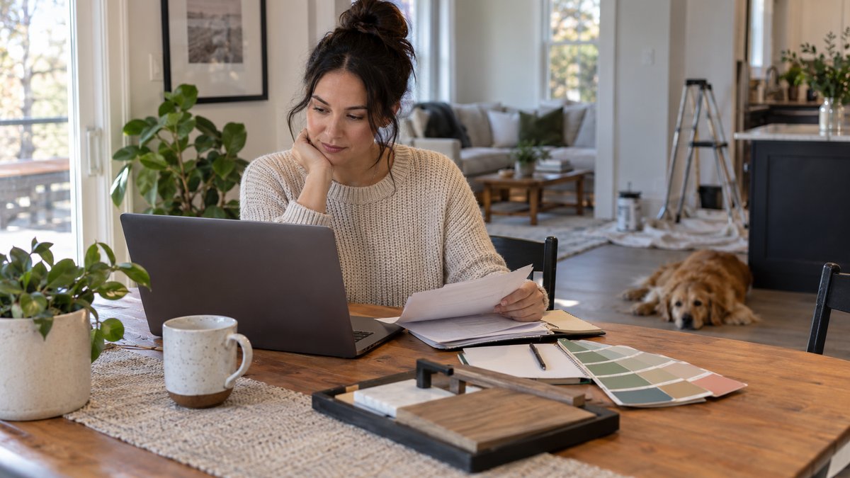A homeowner reviews a flexible home renovation budget at a dining table with a laptop and paint samples.