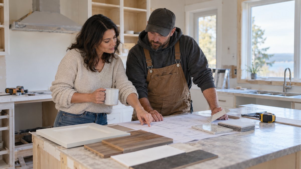 A homeowner and contractor compare a renovation plan and material samples in a partially renovated bright kitchen.