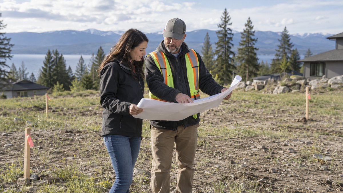 A prospective land buyer and surveyor review a plain rolled site plan on a vacant Canadian residential lot.