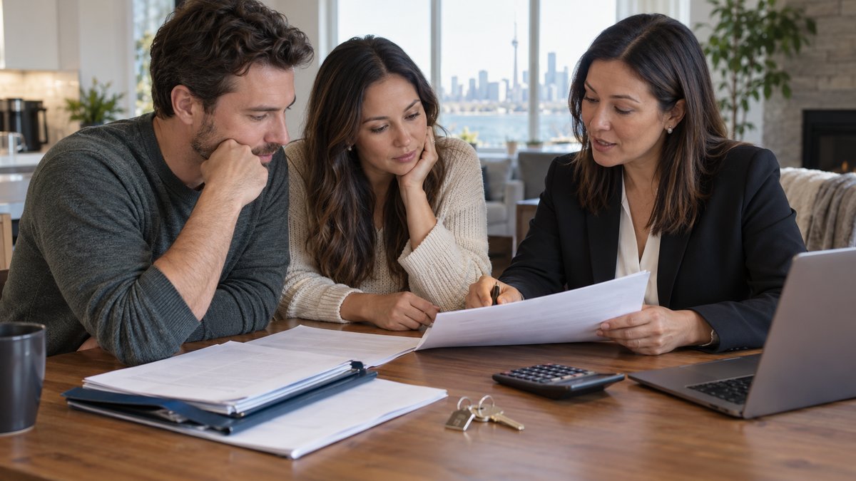 A couple and mortgage adviser compare an existing mortgage folder with a new refinancing proposal.