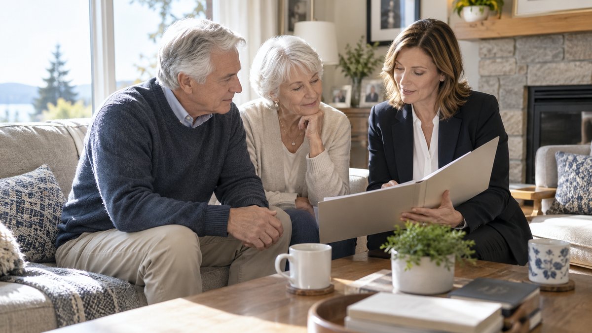 An older Canadian couple sits with an adviser in the bright living room of their long-owned home.
