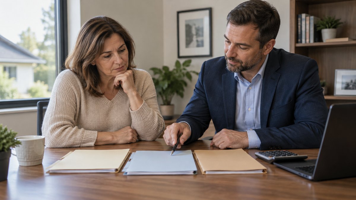 A homeowner consults an adviser over three plain document folders and a calculator.