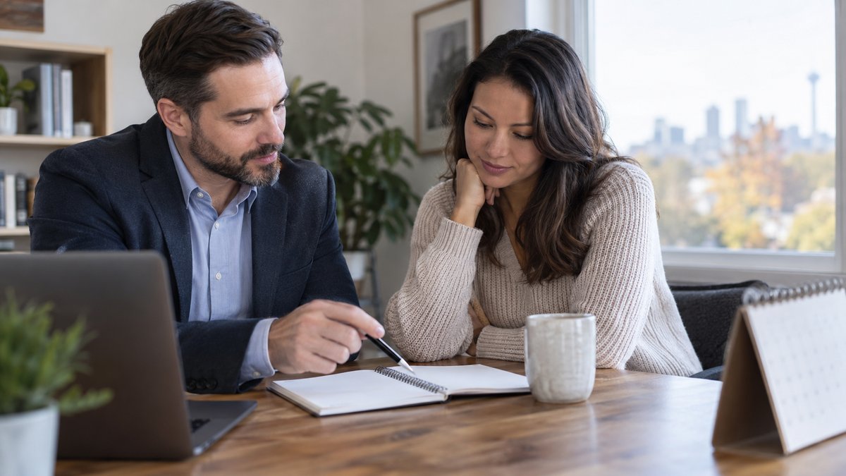 A borrower and adviser discuss a step-by-step financial recovery and mortgage plan at a desk.