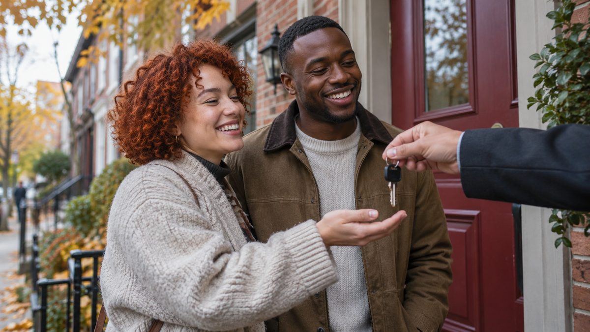 First-time homebuyers receiving keys outside a brick townhouse