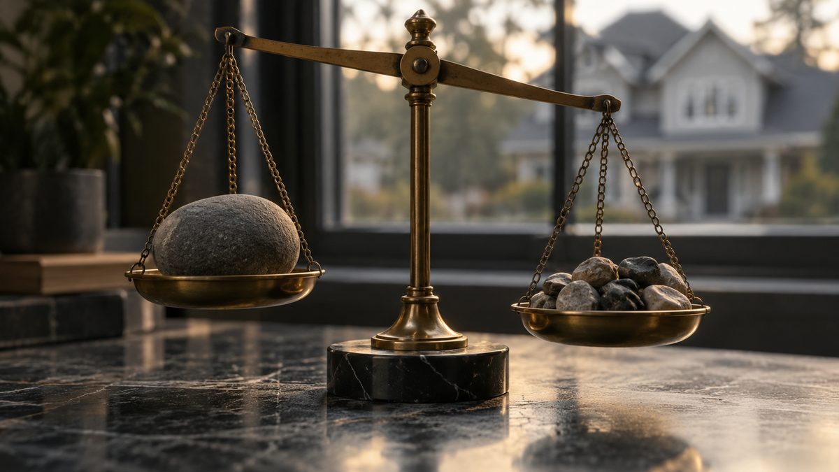 Brass scales comparing a solid stone with several smaller stones