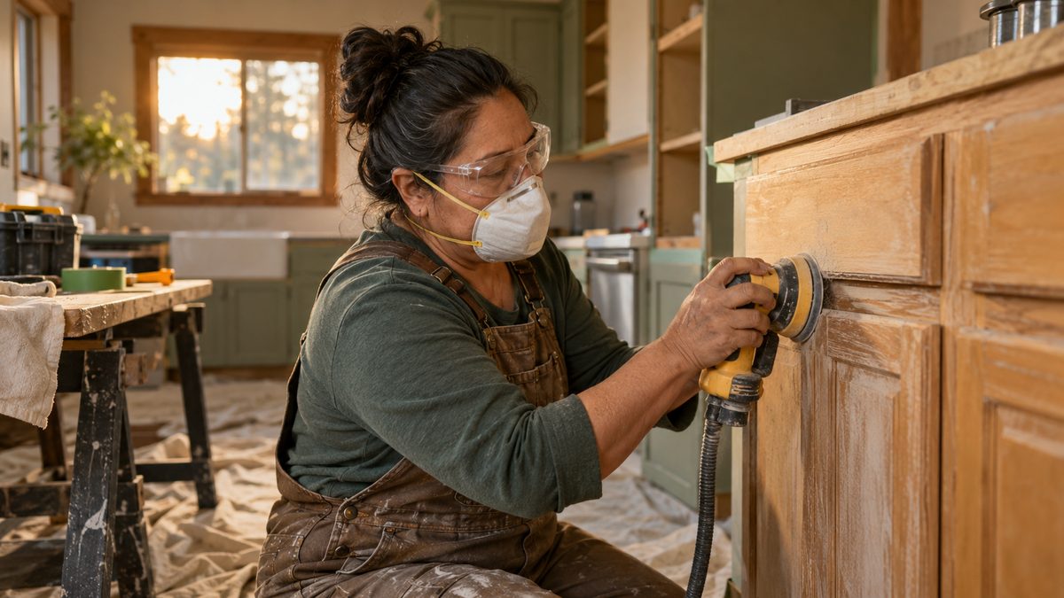 Homeowner sanding kitchen cabinets during a renovation