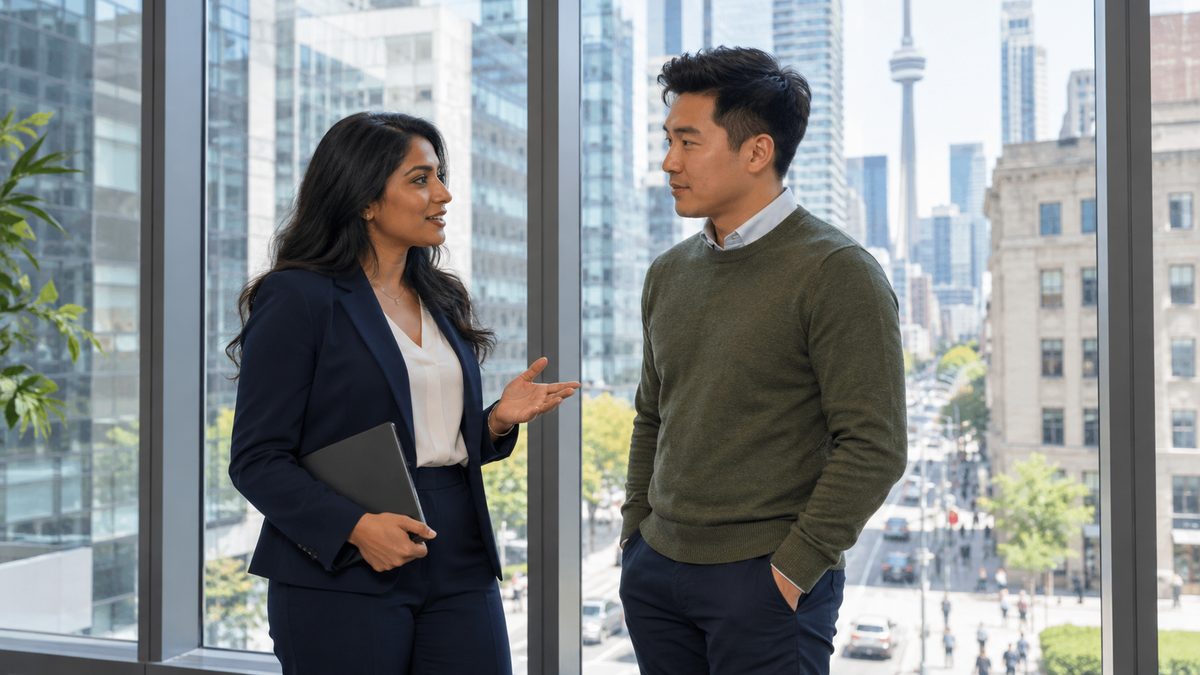 Mortgage adviser talking with a homebuyer beside an office window