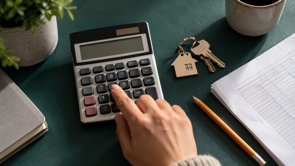 Calculator, house keys and worksheet for planning mortgage payments