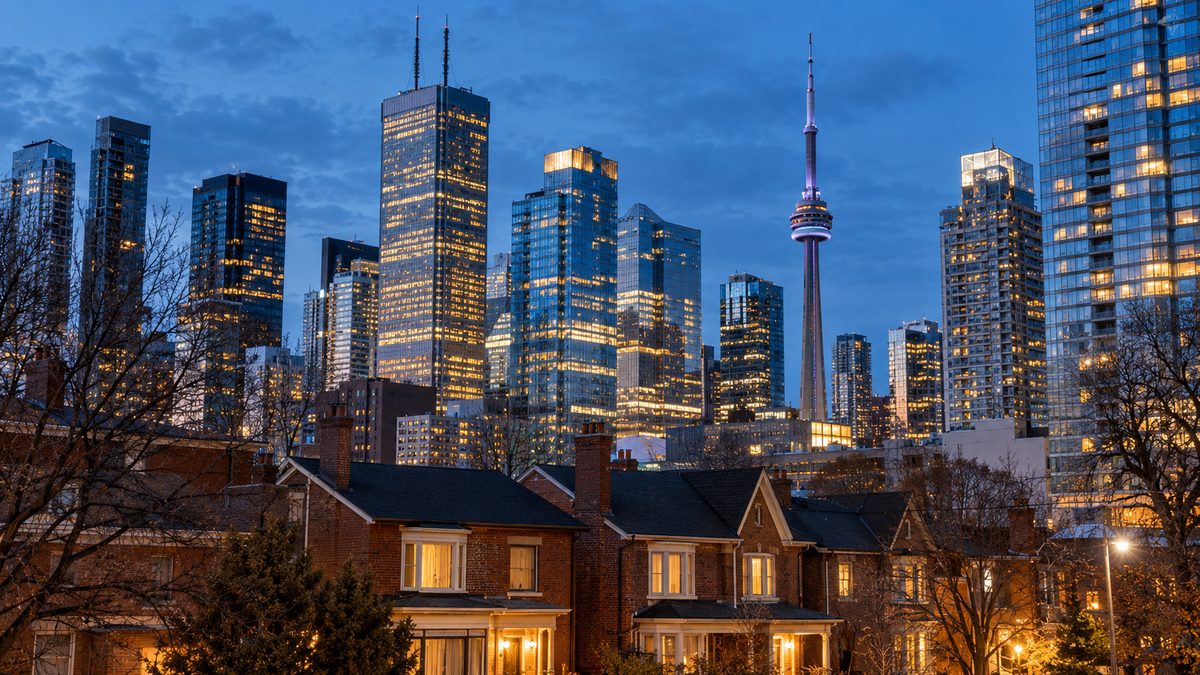Toronto homes beneath illuminated financial district towers at dusk