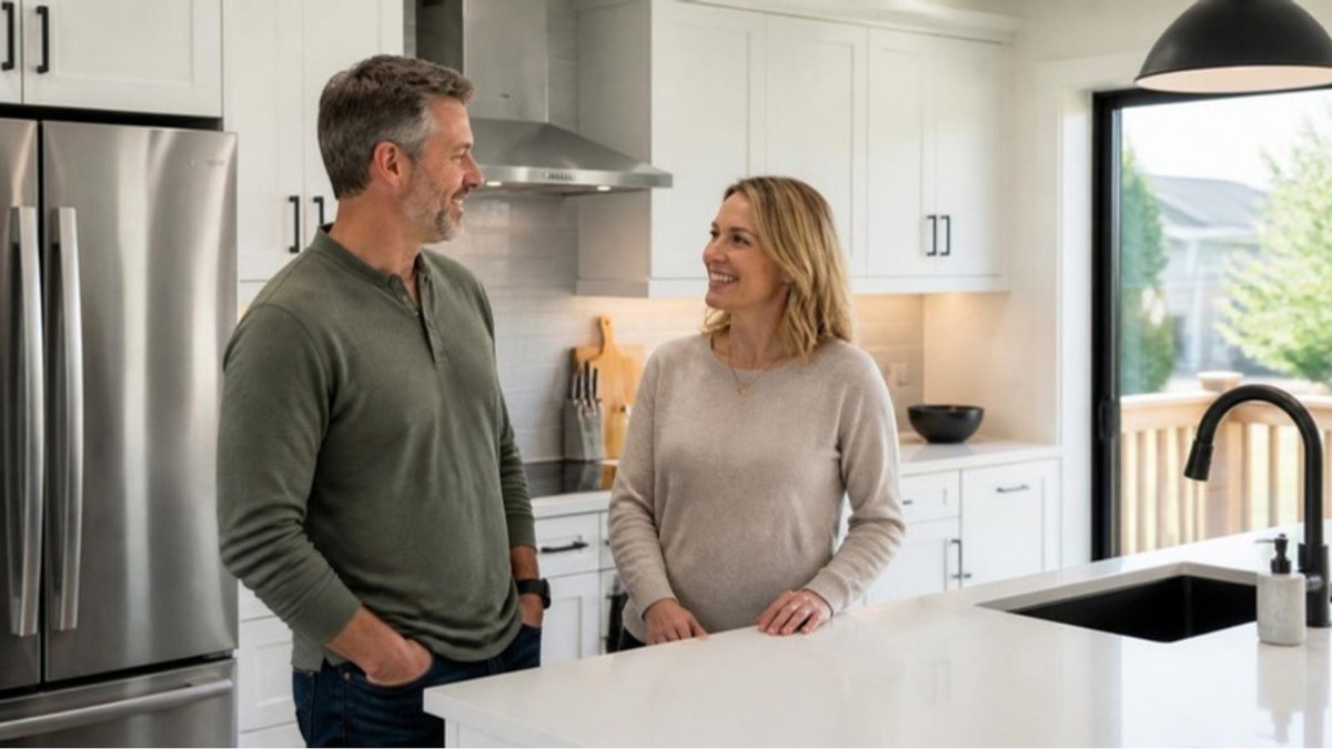 Couple standing in their newly renovated bright kitchen