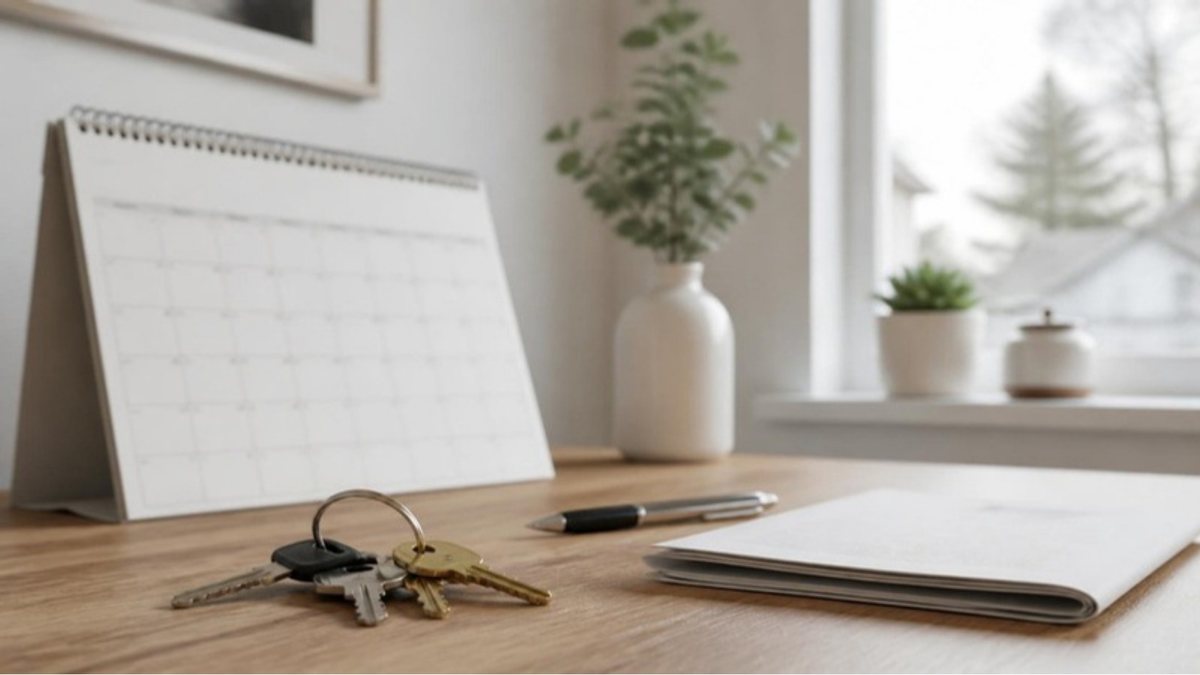 House keys, a pen and a calendar on a desk in soft morning light
