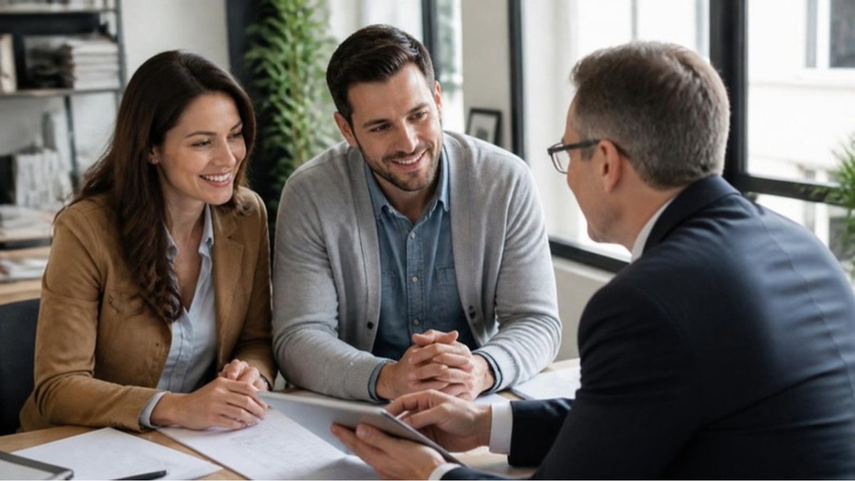 Couple meeting a mortgage advisor at a bright office table