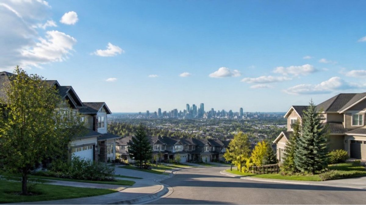Calgary suburban street with the downtown skyline in the distance