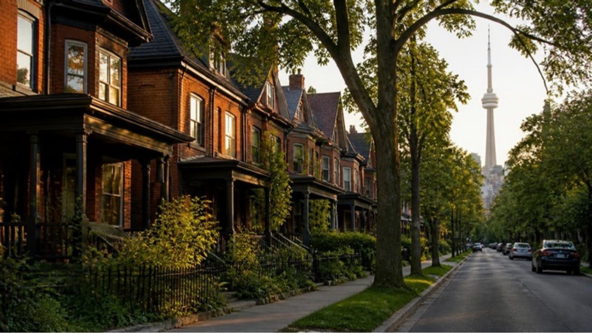Victorian semi-detached houses on a Toronto street with the CN Tower in the distance